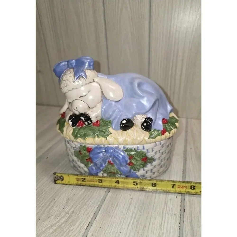 Vtg 94 Hand Painted Lamb On Basket Lidded Candy Dish Holland Mold Heritage